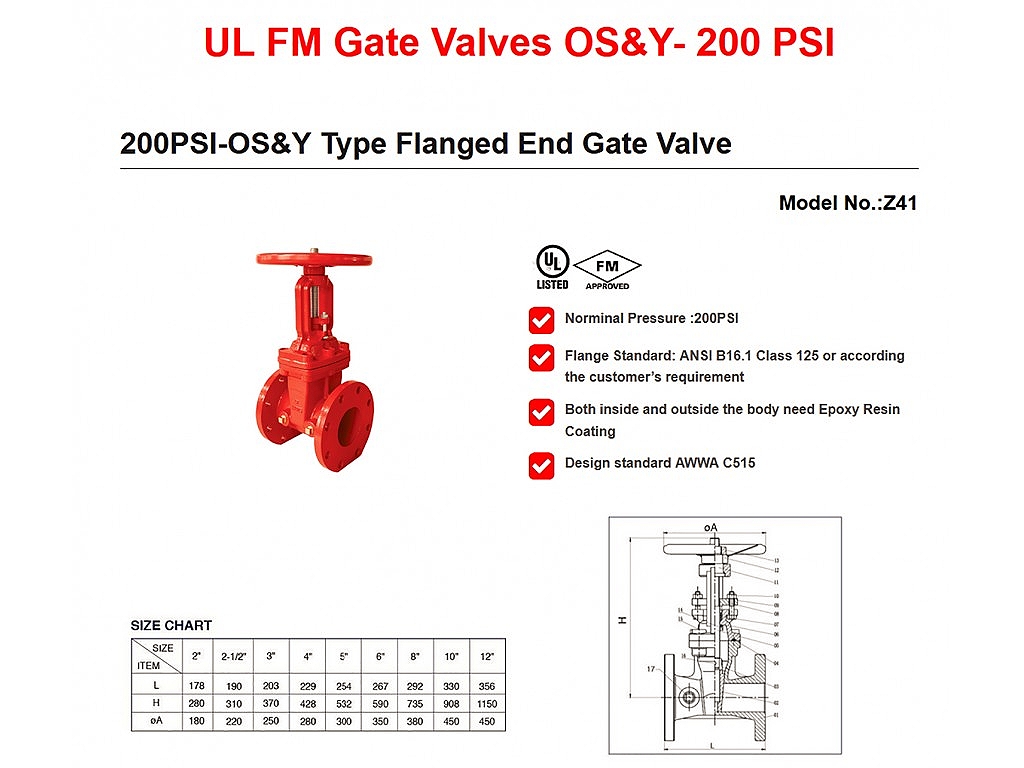 UL FM Gate Valves OS&Y- 200 PSI