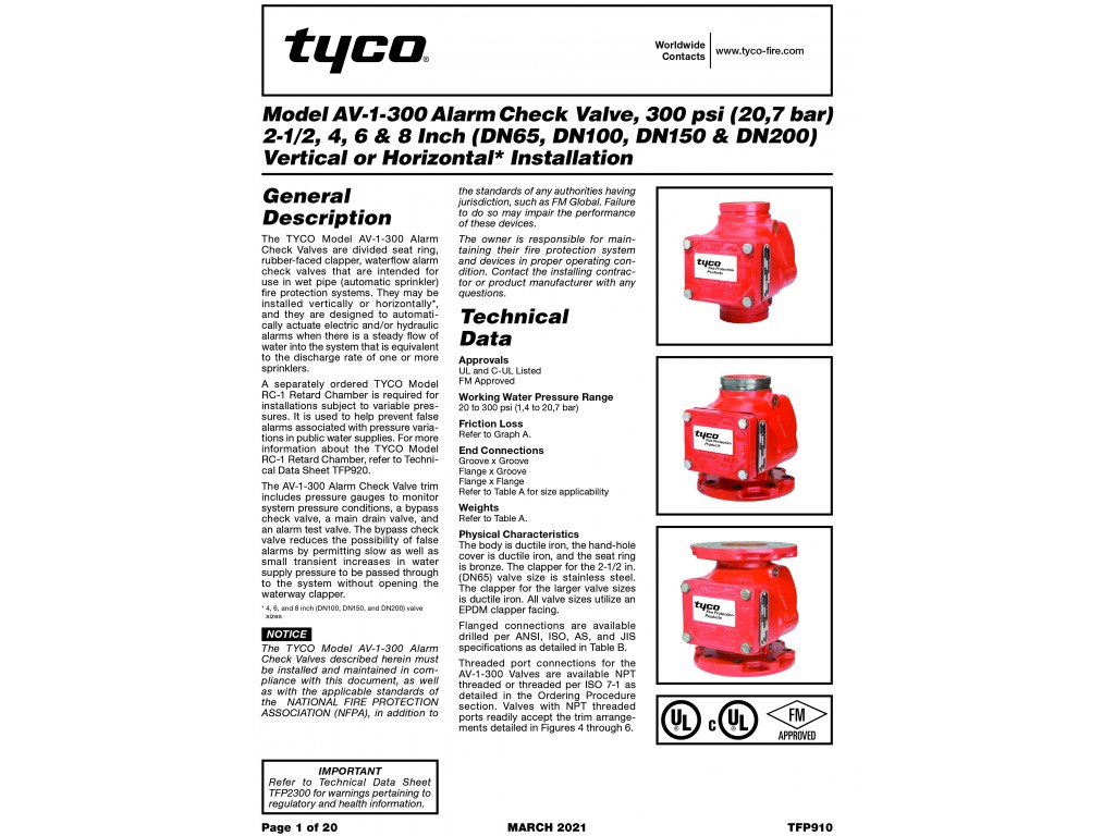 TYCO AV-1 Alarm Check Valve AV-1-300 Size 4"