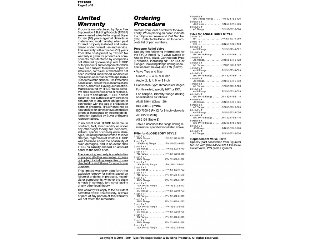 TYCO Pressure Relief Valve UL Listed
